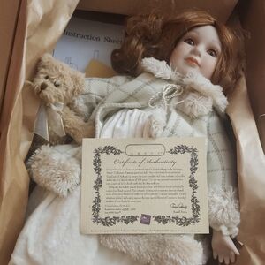 Russ Ltd Ed Victorian Grace Porcelain Doll w/ Teddy, Stand, Box And Certificate